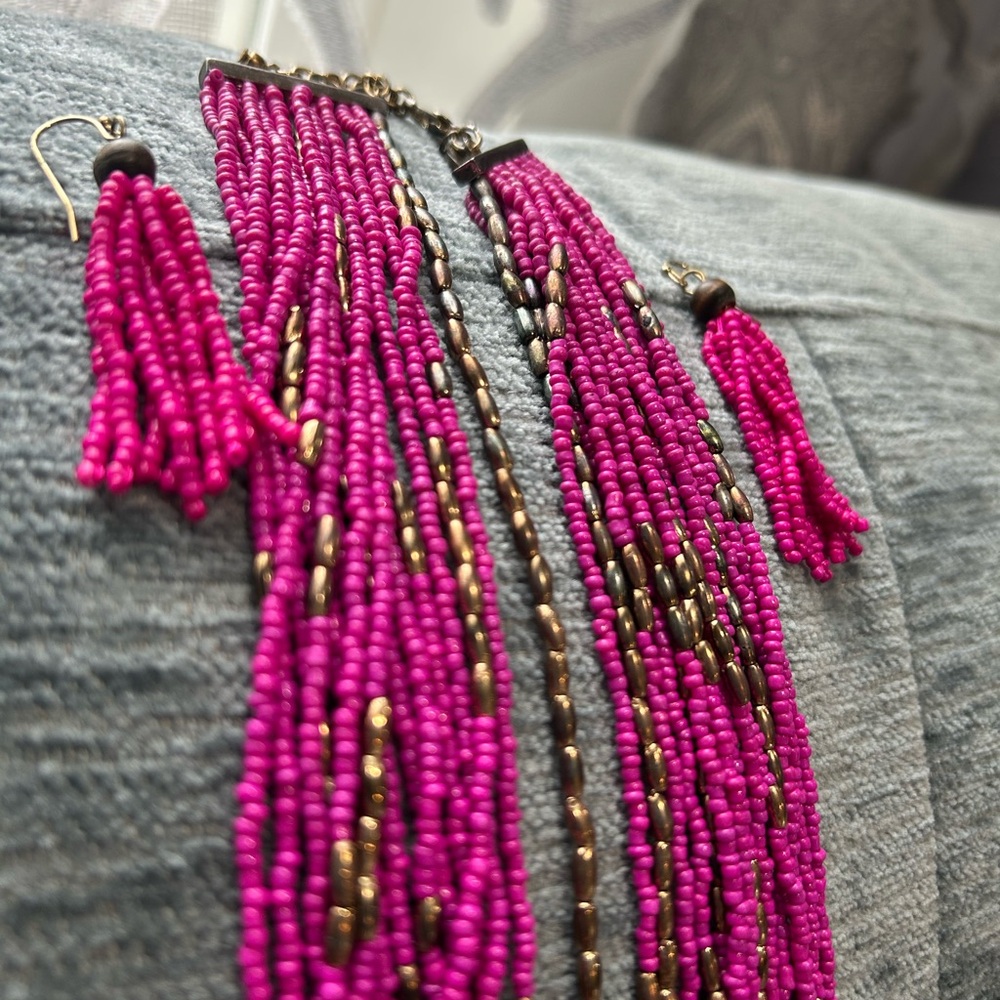 Elegant Pink and Gold Beaded Necklace and Earring Set